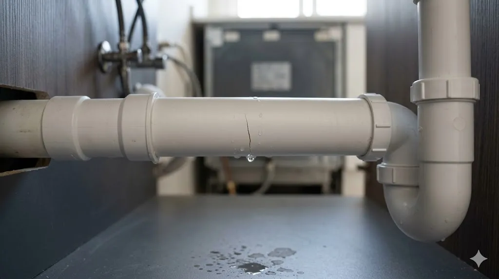 Tubo de PVC roto con fuga localizada en una instalación doméstica