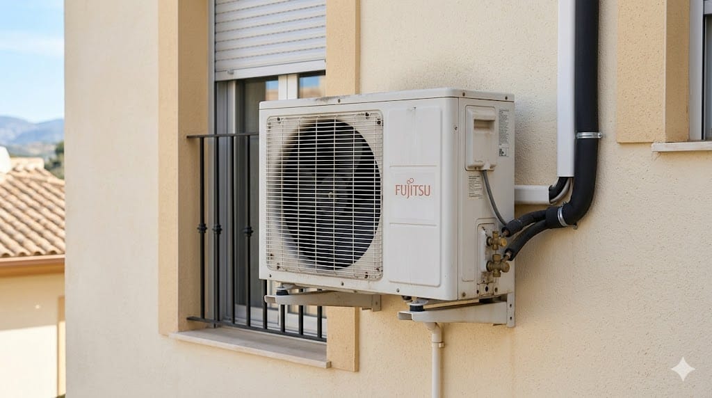 Unidad exterior de aire acondicionado en vivienda durante comprobación visual