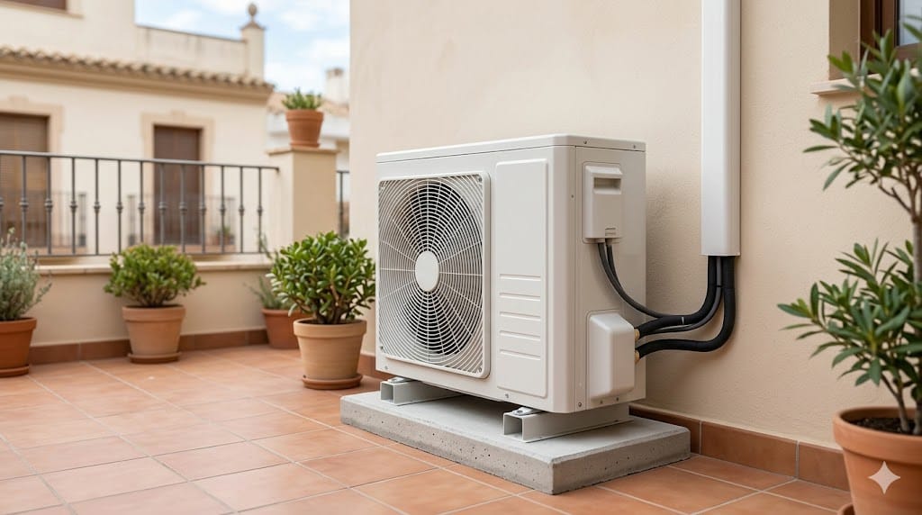 unidad exterior del aire acondicionado instalada en una terraza con espacio libre alrededor