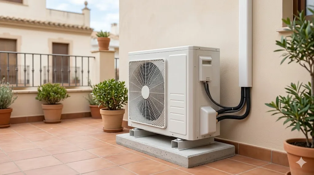 unidad exterior del aire acondicionado instalada en una terraza con espacio libre alrededor