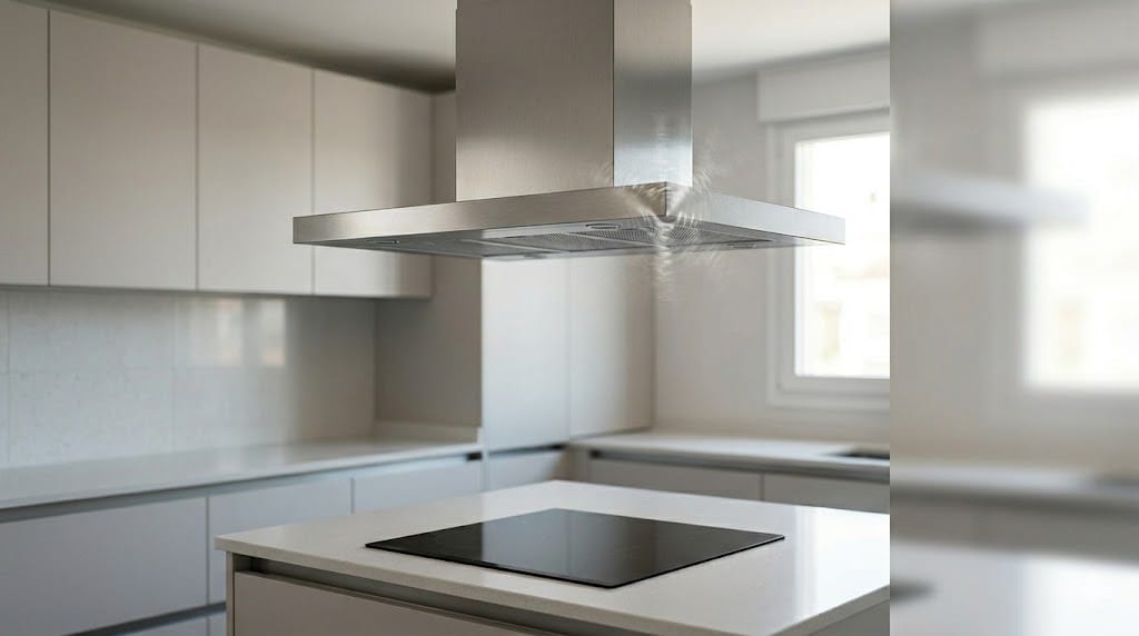 Campana extractora de cocina con aviso visual de riesgo eléctrico sin contacto directo.