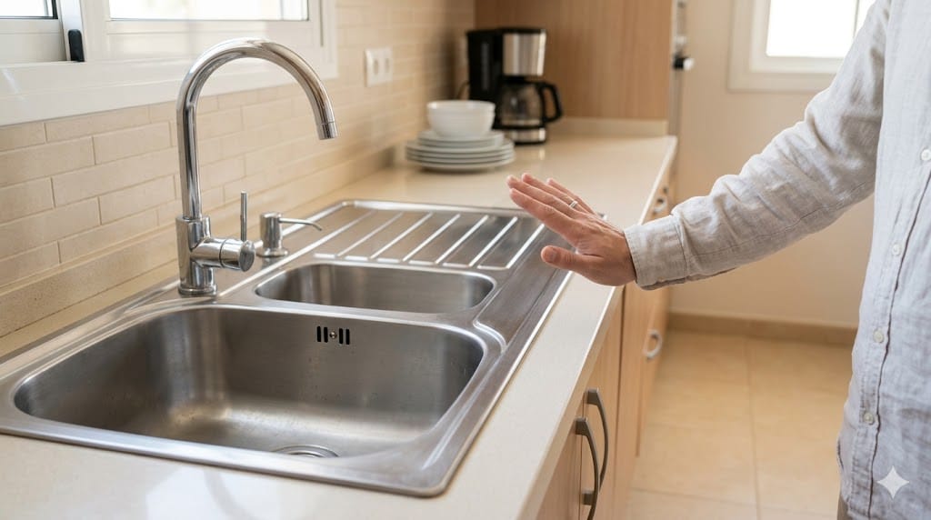 : Persona evitando tocar un fregadero metálico por posible riesgo eléctrico en la cocina.