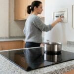: Persona junto a una encimera de cocina cortando la corriente desde el cuadro eléctrico.