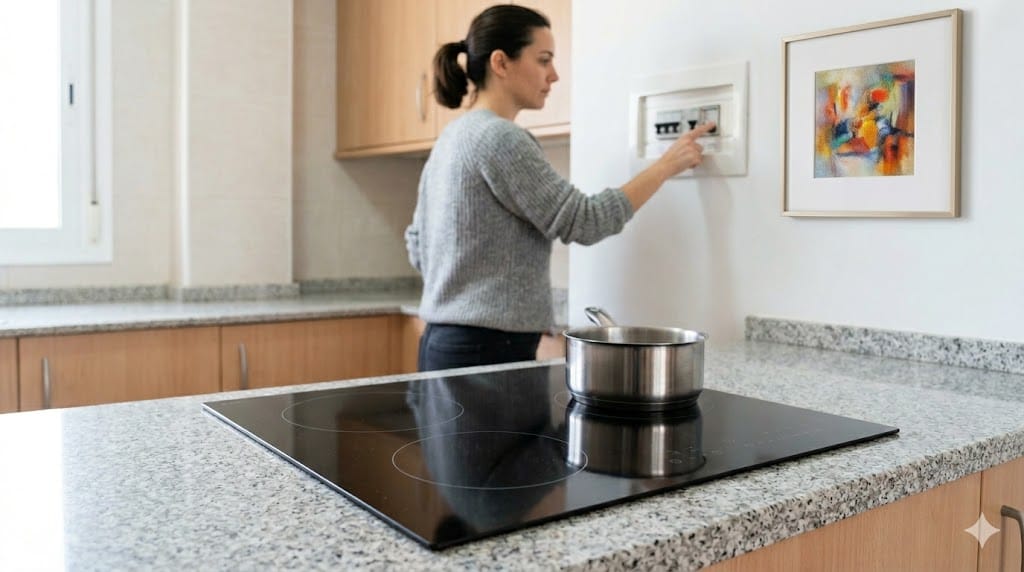 : Persona junto a una encimera de cocina cortando la corriente desde el cuadro eléctrico.