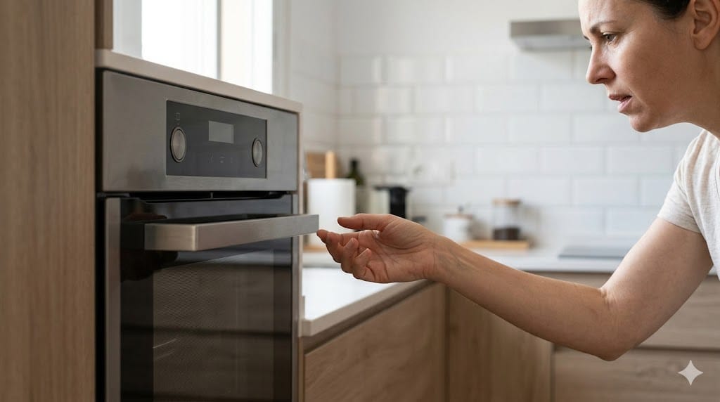 Persona apartando la mano del tirador de un horno empotrado por riesgo de calambre.