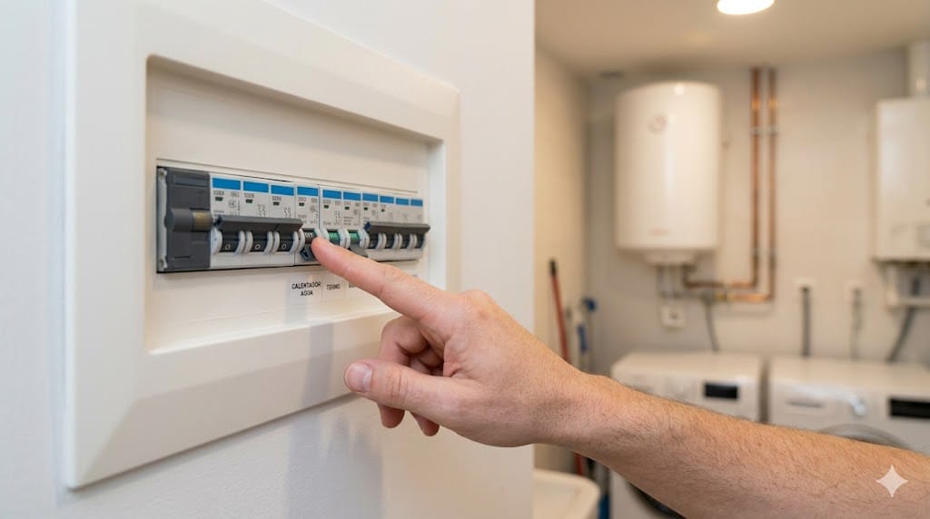 Persona cortando la corriente del termo eléctrico desde el cuadro eléctrico antes de tocar nada.