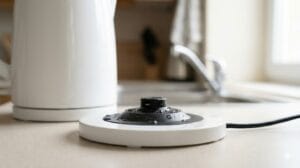 Base del hervidor eléctrico con gotas de agua que pueden provocar corriente o calambre.