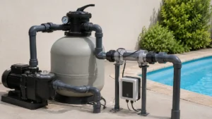 Cloración salina o cloro tradicional: qué sistema te compensa según tu piscina 2 Equipo de cloración salina instalado junto al filtro para producir cloro durante la filtración