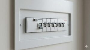 Cuadro eléctrico doméstico con diferencial y magnetotérmicos visibles para revisar una posible derivación en la ducha que da calambre