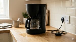 Humedad cerca de la base de una cafetera desconectada antes de volver a usarla.puede ser una causa de que la cafetera da corriente
