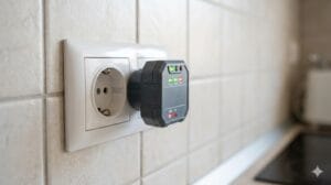 Comprobador de enchufes conectado a una toma de pared en una cocina.