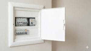 Cuadro eléctrico doméstico con diferencial bajado tras un fallo en un radiador eléctrico.