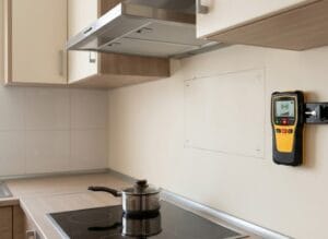 Instalador comprobando la pared con detector antes de taladrar para montar una campana .si se roza un cable es una causa de que la campana extractora da corriente