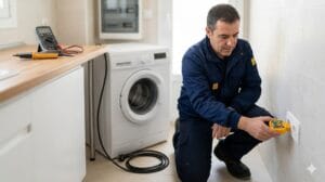 Técnico comprobando de forma segura una lavadora y su enchufe con equipo de medición.