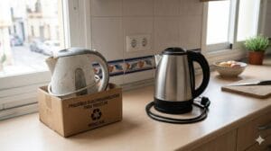 Hervidor viejo apartado para reciclar y modelo nuevo listo para usar con más seguridad.