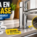 Agua acumulada en la base del grifo para localizar si la fuga viene del caño o de una pieza inferior.