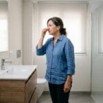 baño huele mal con persona detectando olor a cloaca junto al lavabo