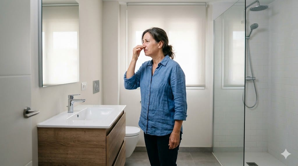 baño huele mal con persona detectando olor a cloaca junto al lavabo