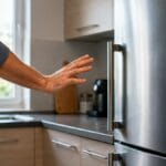 Persona retirando la mano de una nevera tras notar un calambre en una cocina.
