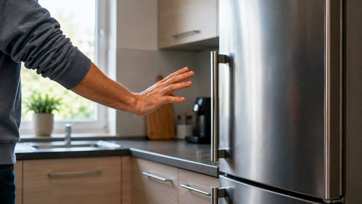 Persona retirando la mano de una nevera tras notar un calambre en una cocina.
