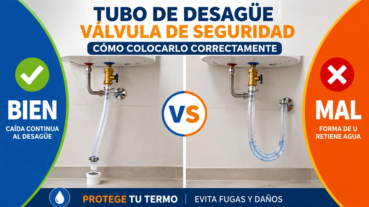 Tubo transparente conectado a la válvula de seguridad del termo bajando con caída hasta un desagüe cercano.
