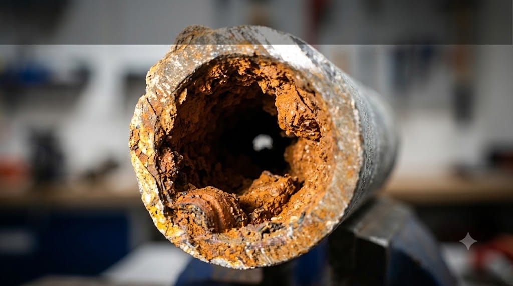 Tubería de hierro galvanizado cortada y estrechada por la incrustación, la causa real de que salga poca agua